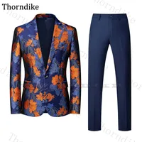 Thorndike Floral Print Mäns Bröllopsdräkt Inklädda Lapel Groomsmen Tuxedos Casual Party Prom Slim Suit Män Nya Fashion 2 st