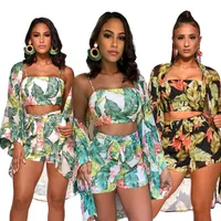 Mujeres Conjunto de tres piezas Floral Cover Up Outfits Imprimir Chiffon Spaghetti Correa sin mangas Chaleco Shorts Traje Traje de playa Negro Verde