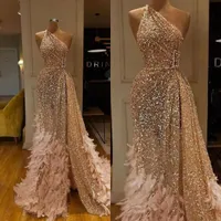 2020 Glitter Mermaid Evening Dresses Champagne Feather Sequins Side Split Lace Formal Party Gowns Custom Made Long Special Occasion Dresses