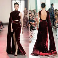 Elie Saab Tanie Velvet Burgundia Prom Dresses Open Backless Dubai Arabski Kaftan High Side Split Formal Dress Prom Suknie Ogstuff Vestidos