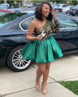 Hunter Green Satin A Line Homecoming Dresses 2020 One Shoulder Long Sleeve Lace Mini Short Prom Dresses Cheap Pleated Cocktail Party Dress