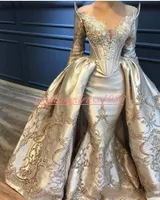 Lyxig Overskirt Mermaid Evening Dresses 2020 Pärlor Dubai Långärmad Lace Prom Formal Gowns Celebrity Party Vestido de Noche Pagant