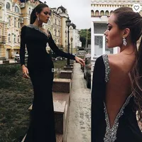 Sexig Backless Black Mermaid Evening Dresses Turkiet Långärmade Nya 2019 Sequins Beaded Tight Trumpet Prom Party Gowns Billiga Kändisklänning