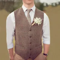 Country Brown Groom Vests For Wedding Wool Herringbone Tweed Custom Made Slim Fit Mens Suit Vest Farm Prom Dress Waistcoat Plus Size
