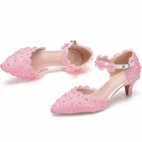 2 дюйма Сандалии на низком каблуке с ремешками на лодыжке Розовый кружевной цветок Свадебные туфли с острым носом Обувь для матери невесты Танцы