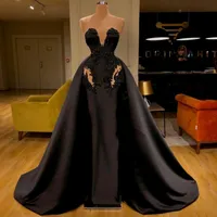 Sexy Black Satin Evening vestidos longos com trem Lace apliques Beads querido Overskirt Prom Dress Illusion celebridade Partido Vestidos
