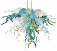 현대 샹들리에 무라노 스타일 램프 아쿠아 블루 앰버 여러 가지 빛깔의 20inches led 손으로 날아간 유리 펜던트 샹들리에