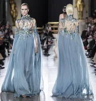 2019 Elie Saab Prom Dresses High Neck Illusion Bodice Cekiny Koronki Aplikacja Dusty Blue Szyfonowe Flowle Okazji Wieczór Nosić Suknie