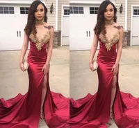 Afrikaanse Hot Selling Dark Red Mermaid Prom Dresses 2019 Gouden Applicaties Sweetheart Split Party Avondjurken Elegante Avond Formele Jurk
