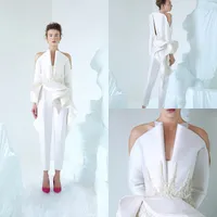 Nieuwe 2020 Azziosta White Prom Dresses V-hals Lange Mouw Dames Jumpsuit Kant Applicaties Kralen Custom Made Avondjurk Engagement Toga 4267