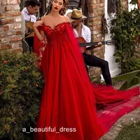 Red A Line prom Dresses Off Shoulder Lace Appliques Draped Tulle Red Carpet Dress with Cape Celebrity Gowns ogstuff robes de soirée PD5568