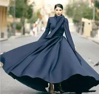 Elegant svart hög nacke en linje muslimska prom dreses med långa ärmar satin golvlength plus storlek formella kvällsklänningar