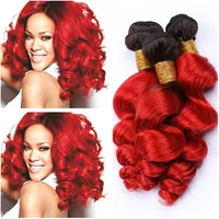 # 1b / röd ombre lös våg peruansk hår vävar dubbla vfted svart till ljusa röda ombre jungfru mänskliga hår buntar 3st 10-30 "blandad längd