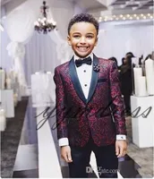 Nowy Drukuj Boy Tuxedos 2022 Jeden przycisk Szal Lapel Custom Made Boy Wedding Garnitury Dwuczęściowe Formalne chłopcy Nosić (kurtka + spodnie + krawat łuk)