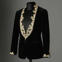 Hoge kwaliteit fluwelen zwarte bruidegom smoking heren pak jas gouden applique kant sjaal revers slanke blazer formele slijtage plus slechts één jas