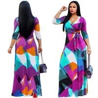 Kadın Bohemian Derin V Yaka Maxi Elbiseler Parti Dantel UP Seksi sonbahar Giysileri Üç Çeyrek Kol Geometri Baskı Kat Uzunluk Artı Boyutu Elbise