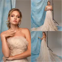 빈티지 2020 에바 Lendel 끈이 웨딩 드레스 레이스 민소매 스윕 기차 지퍼 가운 데 Mariée 드레스
