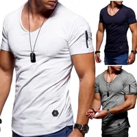 2019 New Zipper Sleeve V Cuello de manga corta camiseta Hombres Slim Fit camiseta Hombre Flyny Casual Verano Tshirt Camisetas Hombre