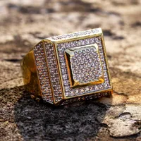 موضة جديدة 18K مطلية بالذهب الأبيض CZ الزركونيا مستطيل خواتم الماس الهيب هوب الشرير مجوهرات هدايا رجال نساء 20MM الحجم 7-11 بالجملة