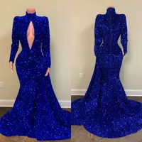 2020 Sparkling Mermaid Evening Dresses High Collor Long Sleeves Sequins Lace Court Train Evening Gown Custom Made Formal Party Dress