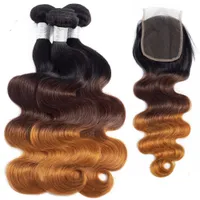 閉鎖毛のブラジルのバージンの髪の束は完全なOmbre 3トーンボディーウェーブマレーシアの未処理の人間の髪の穂球の10-28インチ