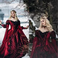 Burgundy Gothic Sleeping Beauty Princess Medieval Evening Dresses Long Sleeve Lace Appliques Prom Gown Victorian Masquerade Cosplay