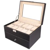 20 Slot Leather Watch Box Case Organizer Glass Top Display Jewelry Storage Holder Collection Box Black