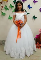 White Flower Girls Dresses 2018 New Off The Shoulder Lace Applique Floor Length Tull Flowergirl Dress For Wedding Gown
