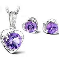 Zilveren sieraden sets hot koop paars zirconia kristal hart hangers ketting oorbellen voor meisje party mode-sieraden groothandel 0046Wh