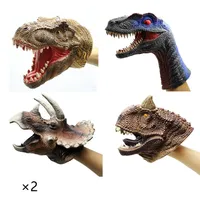 Luvas de fantoche de mão de dinossauro Tiranossauro Rex Carnotaurus Velociraptor Triceratops Família realista de borracha de borracha brinquedo para crianças