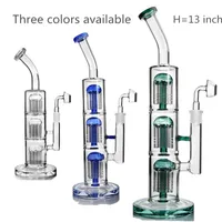 Blue Green Grey Amber Clear Glass Bong Triple Chamber Hookah Bubbler Recycler Percolators Water Pipe Tornado Shisha Oil Dab Rigs with 14 mm Joint