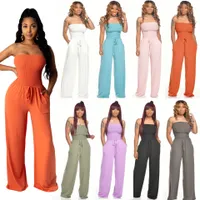 Hot Sale Solid Home Cotton Jumpsuits Women Strapless Sleeveless Pleats Elegant Sash Straight Pants Stretchy Rompers 2020 Newest Real Image