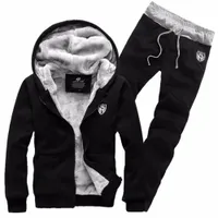 Mens Tracksuit Fashion Thick Velvet Sporting Suit Men Warm Hooded Tracksuit Track Hoodie Sweat Suits Set Zipper Black Sweatshirts for Man