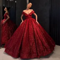 Vintage Red Evening Dresses Off the Ramię V Neck Suknia Balowa szaty De Soiree Cekinowa sukienka