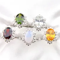 Luckyshne A variety of colors 5 Pcs Lot Bulk Price Christmas Gift 925 Sterling Silver Oval Red/Green/White/Yellow Fashion Lady Ring Set