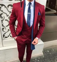 2020 New Handsome Dark Red Mens Suit for Wedding Custom Best Men Blazer Slim Fit Groom Tuxedos för Man Passar (Jacka + Vest + Byxor)