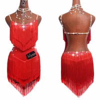 La venta de vestidos para las mujeres latinas América falda de la danza del tango de la salsa Gogo partido del traje del bailarín de la danza cantante de la franja de la borla Vestido Rojo