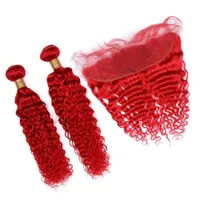 Яркие красные человеческие волосы кружева лобное закрытие с 2 баллы Малайзийской глубокой волны красный цвет плетение человеческих волос пучки с лобными красными волосами