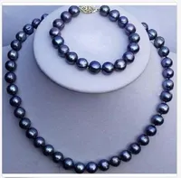 Set di 9-10mm Natural Tahitian Black Pearl Necklace 18 "Bracelet 7.5-8" 14K Gold