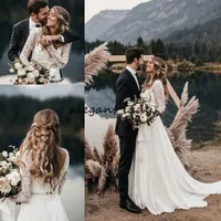 Newest Bohemian Beach Wedding Dresses with Long Sleeve 2019 Full Lace Two Pieces Low Back Western Country Outdoor Bride Wedding Gown