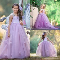 Romantic Purple Tulle Puffy Flower Girl Dress para bodas A Line Sleeves Girl Pageant Partido vestido de comunión envío gratis