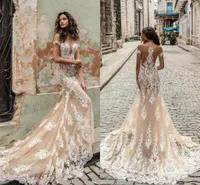 Champagne Lace Appliqued Off Shoulder Mermaid Bröllopsklänning 2019 Sexig Bohemian Beach Boho Bridal Gown