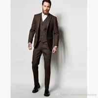 スリムフィット茶色の厚いスチールツイードリネンの男の仕事のビジネススーツ男性の結婚式タキシードブレザーパーティーコートセット（ジャケット+パンツ+ベスト+ネクタイ）J712