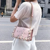 Designer-Bag 2018 New Handbag High Quality PU Leather Sweet Girl Square Bag Flower Pearl Chain Shoulder Messenger Bag for Women