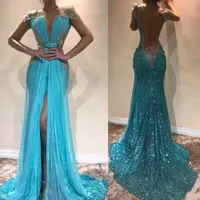 Sexiga Sequins Lace Mermaid Evening Dresses 2020 Charmig Cap Sleeve Chiffon Evening Party Dresses High Slit Prom Crows