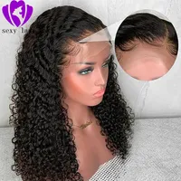 Peluca rizada rizada brasileño de encaje brasileño Simulación de la peluca del cabello humano con el pelo del bebé 13 * 4synthethtic Encace WIG FRONT PER PLUCKED