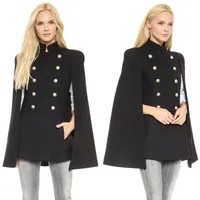 Дешевые 2019 Новый вечер лучший шерсть верхняя одежда пальто с Batwing рукавом черный женщин двубортный накидки полушерстяные пальто Cappa куртка плащ