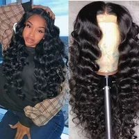 180% density lace frontal chemical fiber hair wig ladies middle texture long curly hair natural black small volume wave volume wig set