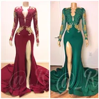 2022 Dark Red Sexy Mermaid Prom Dresses V Neck Long Sleeves Sequined Beaded Evening Dresses Formal Party Dress Wear Vestidos