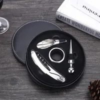 Red Wine Bottle Opener Set Stainless Steel Wine Opener Gift Set Round Leather Box Wine Kits Stopper Pourer Accessories Sets